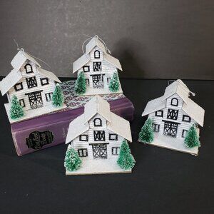 Farmhouse Christmas White Glitter Putz Barn Set 4 Ornaments 3" Holiday Scenery